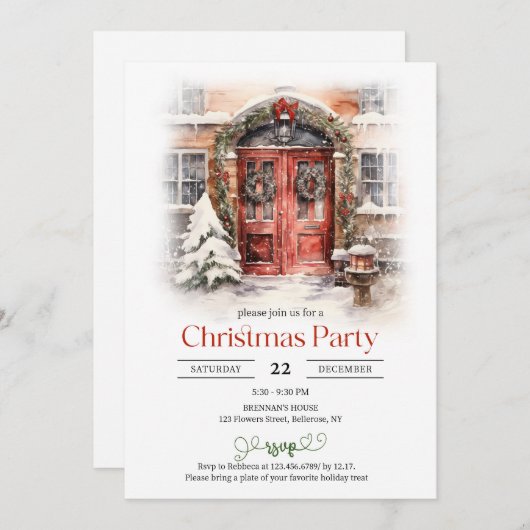 雪クラシックの付いた水の色クリスマスの赤いドア 招待状 (正面/裏面)