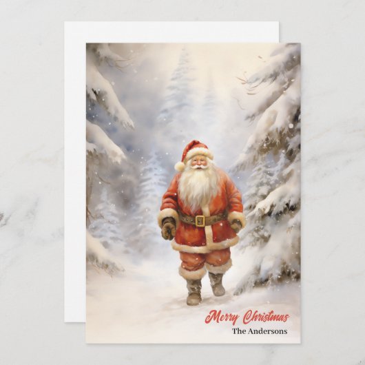 雪クラシックの森の中の歩くサンタクロース シーズンカード (正面/裏面)
