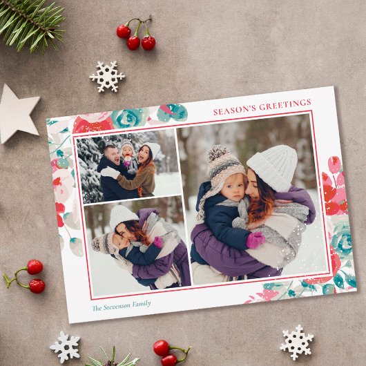 雪クリスマスグリーンレッドフローラ3枚 シーズンカード