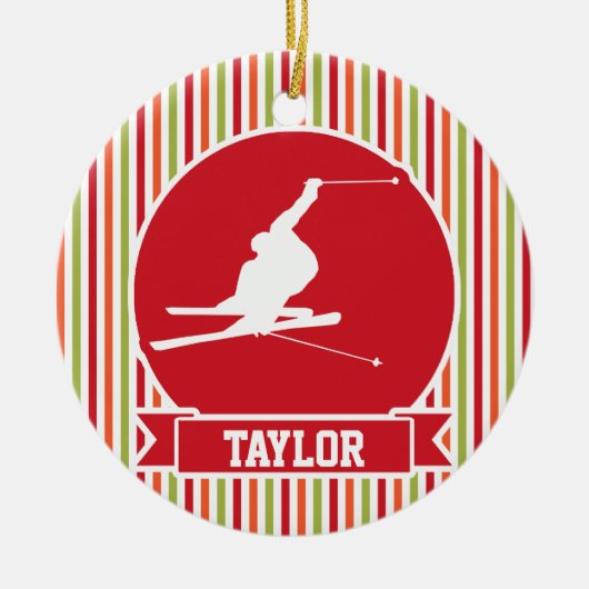 雪スキー，スキー，赤，オレンジ，緑ストライプ色 セラミックオーナメント (正面)
