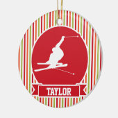 雪スキー，スキー，赤，オレンジ，緑ストライプ色 セラミックオーナメント (左)