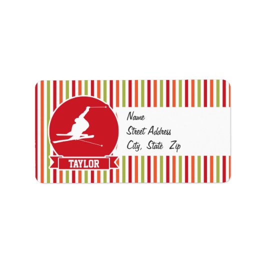 雪スキー，スキー，赤，オレンジ，緑ストライプ色 ラベル (正面)