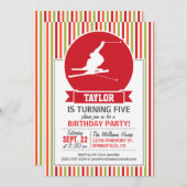 雪スキー，スキー，赤，オレンジ，緑ストライプ色 招待状 (正面/裏面)