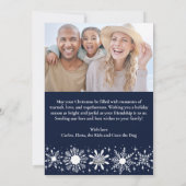 雪スタイリッシュ片ネイビー2フォトファミリークリスマス シーズンカード (裏面)