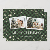 雪スターグリーンプレイドフォトメリークリスマス シーズンカード (正面/裏面)