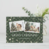 雪スターグリーンプレイドフォトメリークリスマス シーズンカード (スタンド正面)