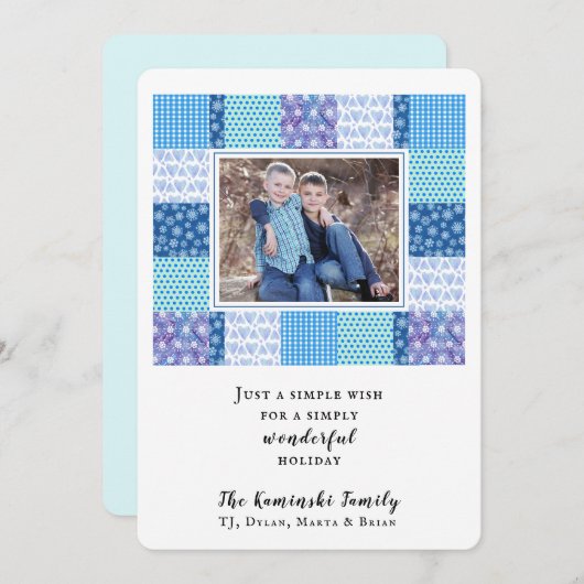 雪ハートブルーキルトウィンターホリデーフォトカード シーズンカード (正面/裏面)