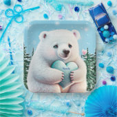 雪パーソナライズされたに乗った可愛いホッキョクグマハート ペーパープレート (パーティー)