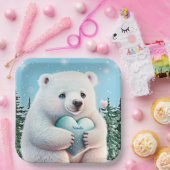 雪パーソナライズされたに乗った可愛いホッキョクグマハート ペーパープレート (パーティー)