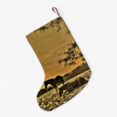 雪パーソナライズされたの中でサンセットの馬 スモールクリスマスストッキング (裏面 (吊り時))