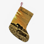 雪パーソナライズされたの中でサンセットの馬 スモールクリスマスストッキング (正面 (吊り時))