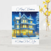 雪パーソナライズされたの夜のクリスマスハウス カード (黄色い花)