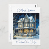 雪パーソナライズされたの夜のクリスマスハウス ポストカード (正面/裏面)