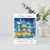 雪パーソナライズされたの夜のクリスマスハウス ポストカード (スタンド正面)