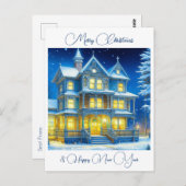 雪パーソナライズされたの夜のクリスマスハウス ポストカード (正面/裏面)