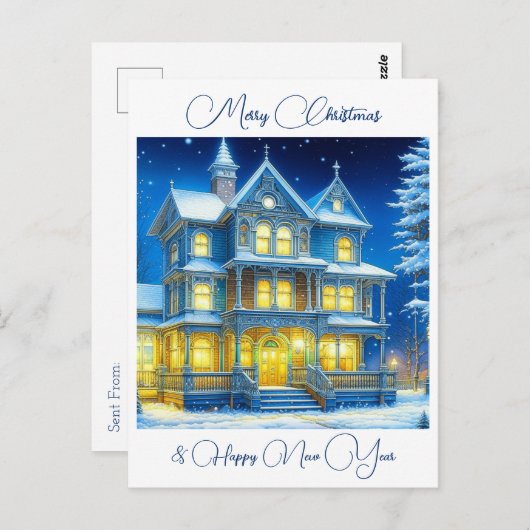 雪パーソナライズされたの夜のクリスマスハウス ポストカード (正面/裏面)