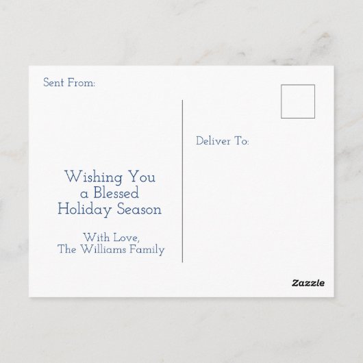 雪パーソナライズされたの夜のクリスマスハウス ポストカード (裏面)