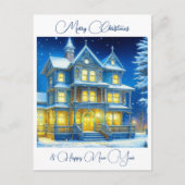 雪パーソナライズされたの夜のクリスマスハウス ポストカード (正面)