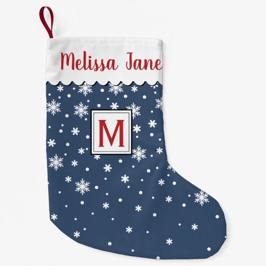 雪パーソナライズされた片モノグラム スモールクリスマスストッキング (正面)