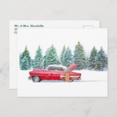 雪パーソナライズされた雪の冬の日ヴィンテージ車。 シーズンポストカード (正面/裏面)