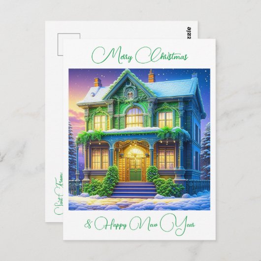 雪パーソナライズされた雪クリスマスグリーンハウス ポストカード (正面/裏面)