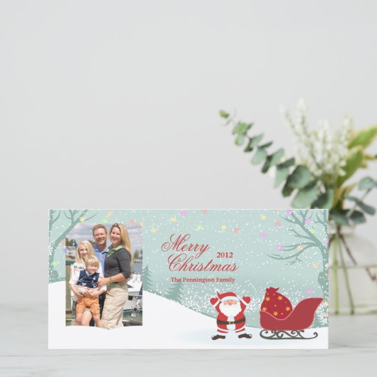 雪パーソナライズされた雪サンタそりの写真カード シーズンカード (スタンド正面)