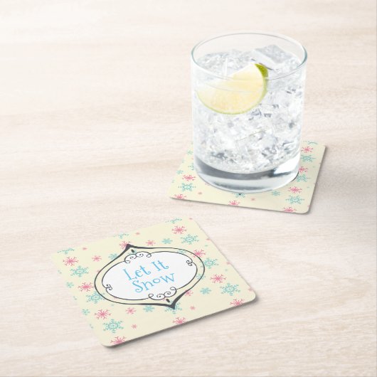 雪ピンクと青の雪片フェスティバル スクエアペーパーコースター (インサイチュ)