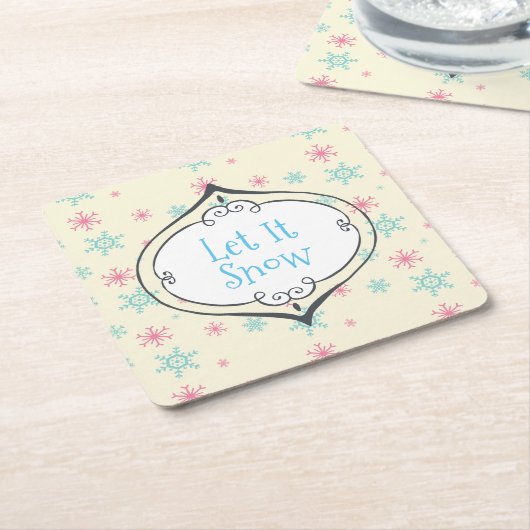 雪ピンクと青の雪片フェスティバル スクエアペーパーコースター (アングル)