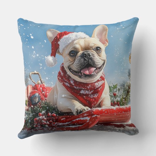 雪フランスののクリスマスを許すそりのブルドッグ クッション (裏面)