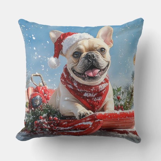 雪フランスののクリスマスを許すそりのブルドッグ クッション (正面)