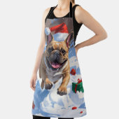 雪フランスのの中で走ブルドッグのクリスマス帽子 エプロン (インサイチュ)