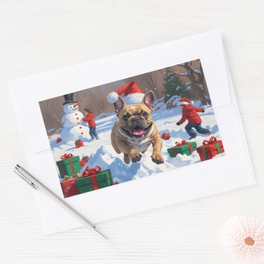 雪フランスのの中で走ブルドッグのクリスマス帽子 長方形シール (封筒)