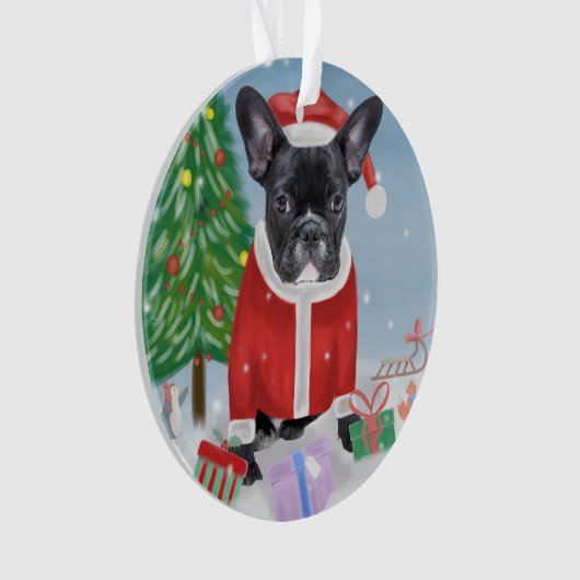 雪フランスのの中のブルドッグとクリスマスプレゼント オーナメント (正面)