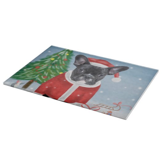 雪フランスのの中のブルドッグとクリスマスプレゼント カッティングボード (角)