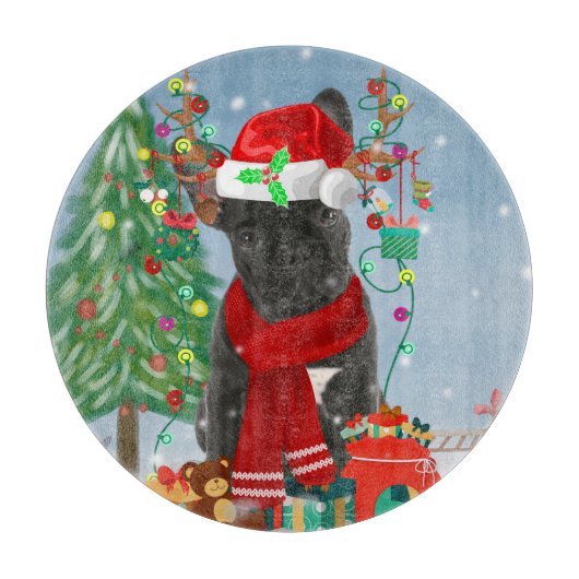 雪フランスのの中のブルドッグとクリスマスプレゼント カッティングボード (正面)