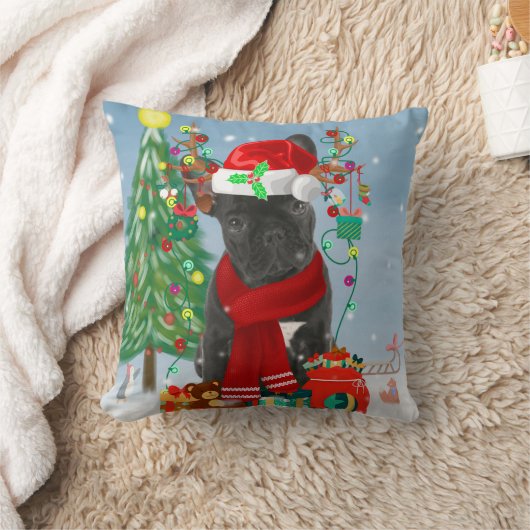 雪フランスのの中のブルドッグとクリスマスプレゼント クッション (ブランケット)