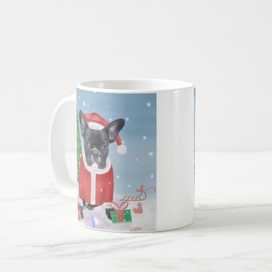 雪フランスのの中のブルドッグとクリスマスプレゼント コーヒーマグカップ (正面左)