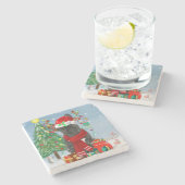 雪フランスのの中のブルドッグとクリスマスプレゼント ストーンコースター (横)