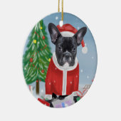 雪フランスのの中のブルドッグとクリスマスプレゼント セラミックオーナメント (右)
