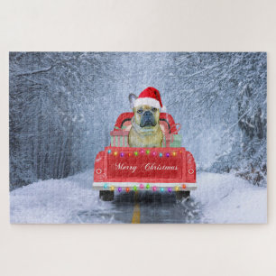 雪フランスのの中のブルドッグはクリスマストラックに座って ジグソーパズル