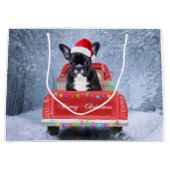 雪フランスのの中のブルドッグはクリスマストラックに座って ラージペーパーバッグ (正面)