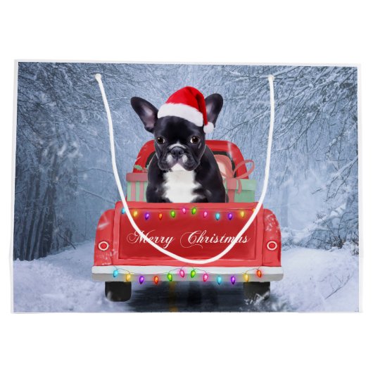 雪フランスのの中のブルドッグはクリスマストラックに座って ラージペーパーバッグ (裏面)