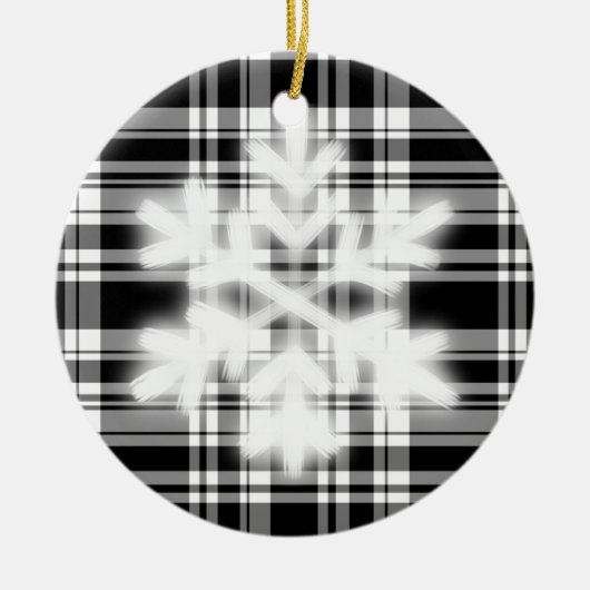 雪フレーク付き白黒の格子模様詳細セラム セラミックオーナメント (正面)
