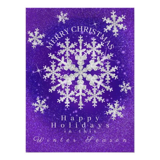 雪フレーク紫ホワイト光沢ポスター ポスター (正面)