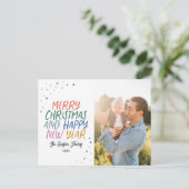 雪メリーカラフルモダンクリスマス写真 シーズンポストカード (スタンド正面)