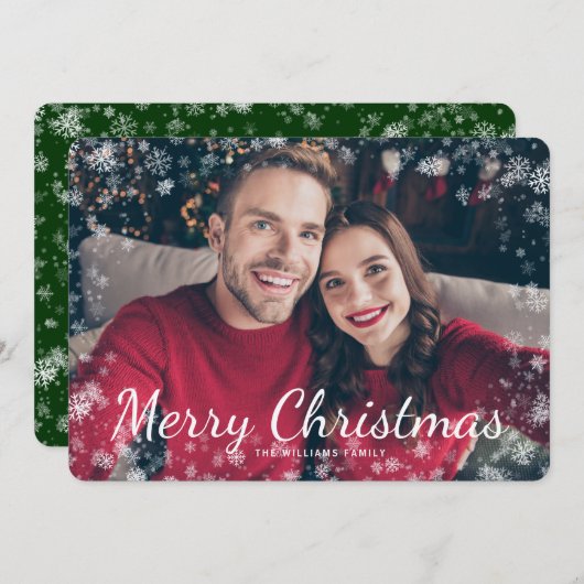 雪メリークリスマスフォトグリーンホリデーカード (正面/裏面)