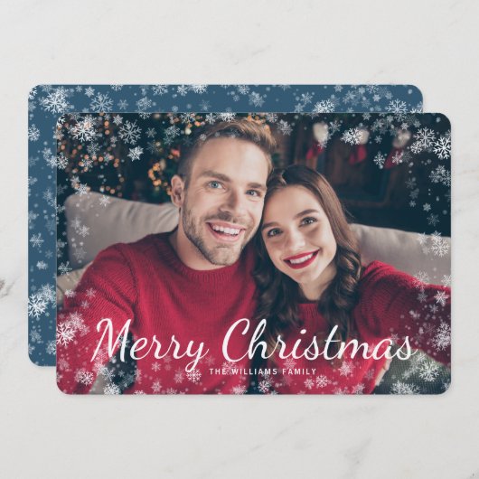 雪メリークリスマスフォトブルーホリデーカード (正面/裏面)