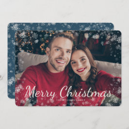 雪メリークリスマスフォトブルーホリデーカード