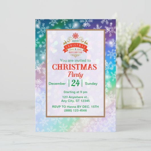 雪モダンカラフル片の冬のクリスマスパーティー 招待状 (スタンド正面)
