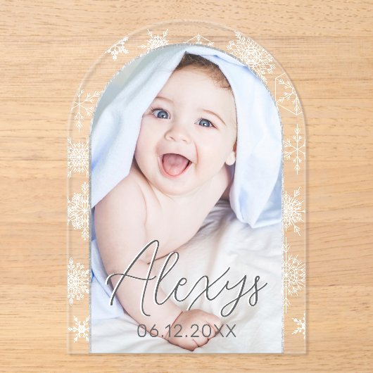 雪モダン片の冬の写真誕生のお知らせ アクリル招待状 (正面)